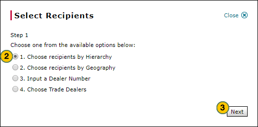 Select dealer recipients by hierarchy, step 1 of 4.